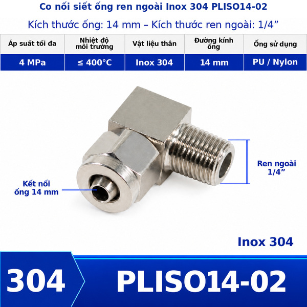 Co nối khí nén Inox 304 siết ống 14 mm ren ngoài 1/4