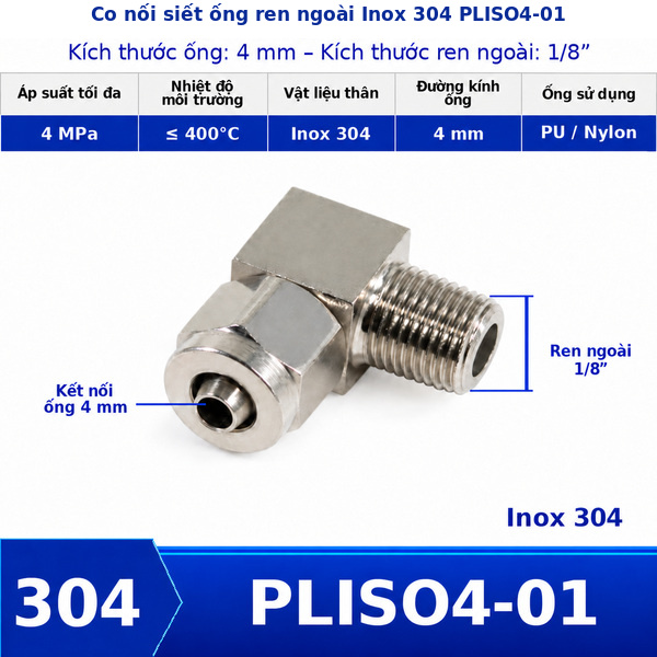 Co nối khí nén Inox 304 siết ống 4 mm ren ngoài 1/8