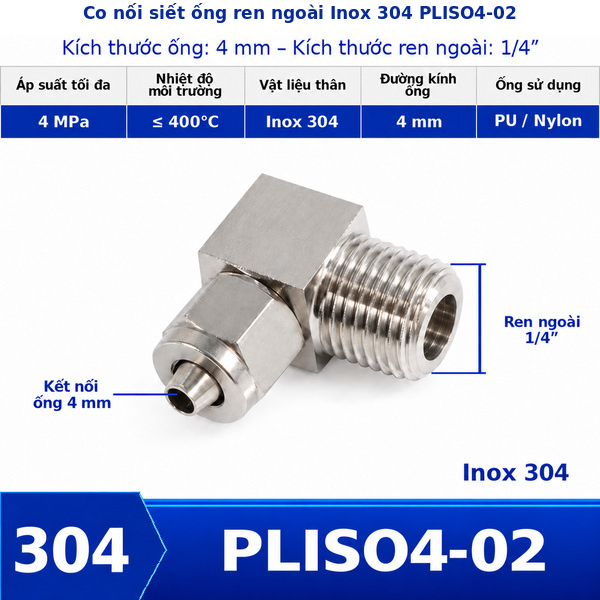 Co nối khí nén Inox 304 siết ống 4 mm ren ngoài 1/4