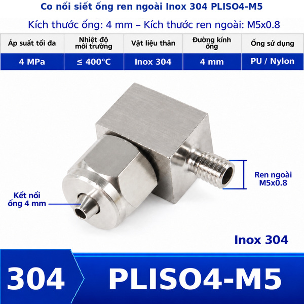 Co nối khí nén Inox 304 siết ống 4 mm ren ngoài M5