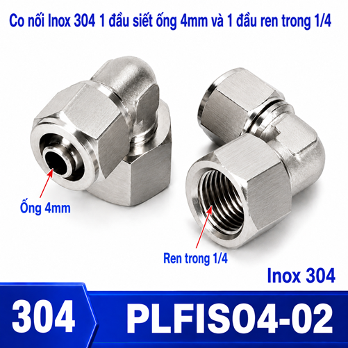 Co nối thép không rỉ Inox 304 có 1 đầu siết ống 4 và 1 đầu ren trong 1/4