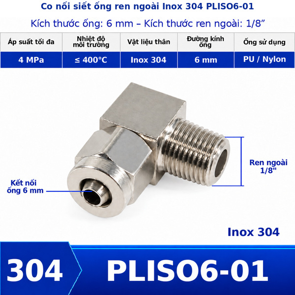 Co nối khí nén Inox 304 siết ống 6 mm ren ngoài 1/8