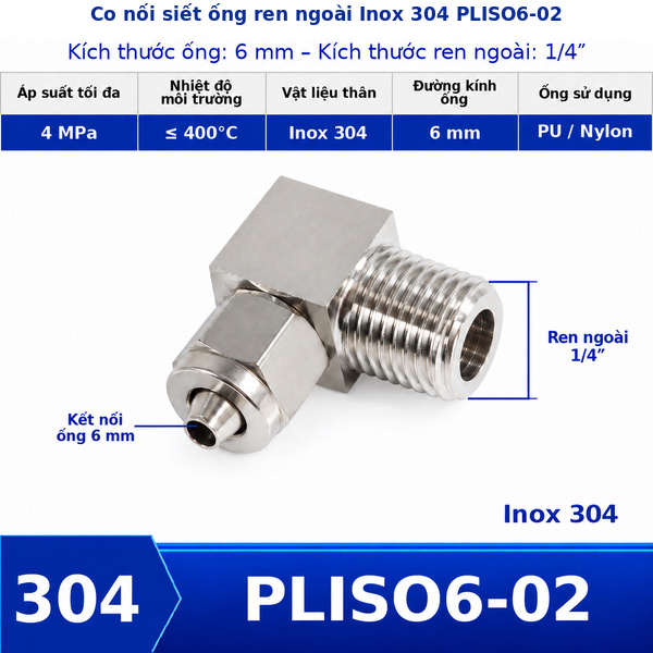 Co nối khí nén Inox 304 siết ống 6 mm ren ngoài 1/4