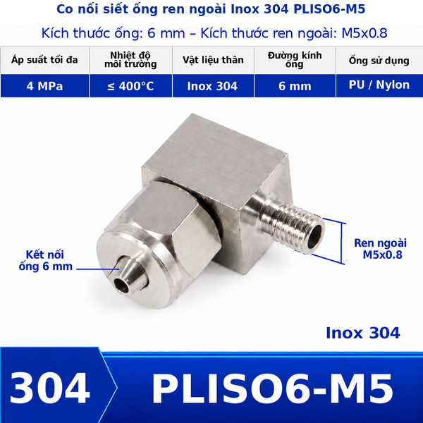 Co nối khí nén Inox 304 siết ống 6 mm ren ngoài M5