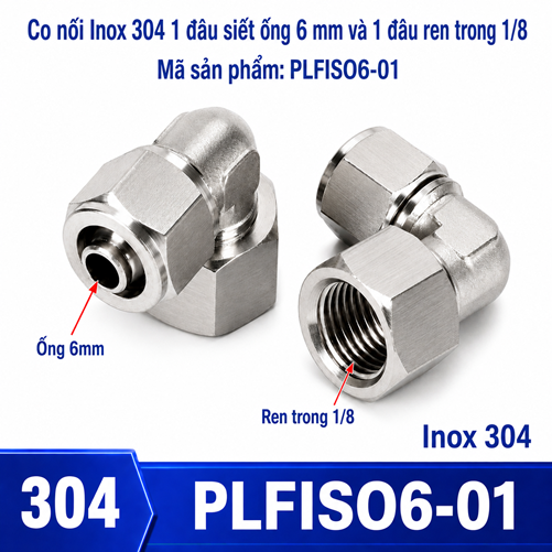 Co nối thép không rỉ Inox 304 có 1 đầu siết ống 6 và 1 đầu ren trong 1/8