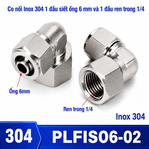 Co nối thép không rỉ Inox 304 có 1 đầu siết ống 6 và 1 đầu ren trong 1/4