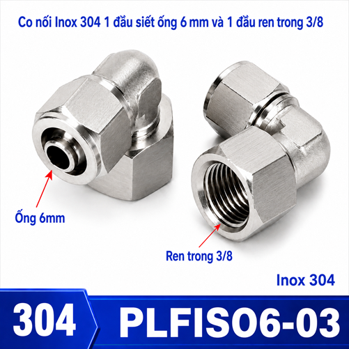 Co nối thép không rỉ Inox 304 có 1 đầu siết ống 6 và 1 đầu ren trong 3/8