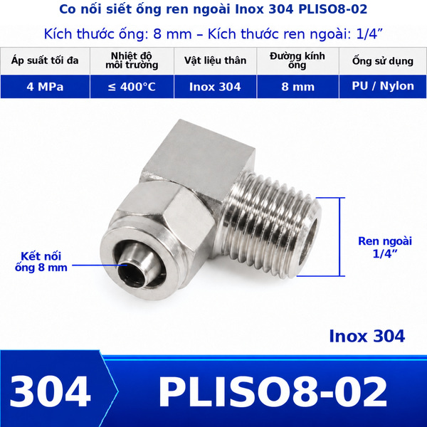 Co nối khí nén Inox 304 siết ống 8 mm ren ngoài 1/4