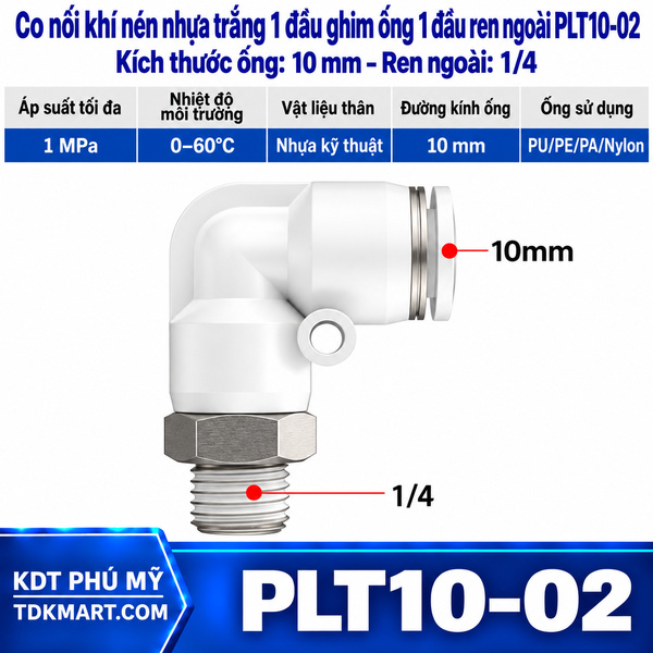 Co nối khí nén nhựa trắng 1 đầu ghim ống 10 mm 1 đầu ren ngoài 1/4