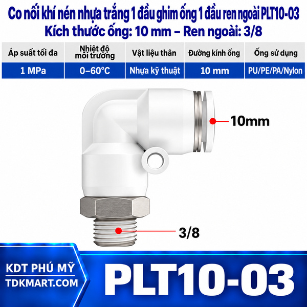 Co nối khí nén nhựa trắng 1 đầu ghim ống 10 mm 1 đầu ren ngoài 3/8