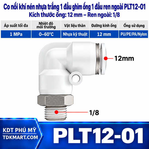 Co nối khí nén nhựa trắng 1 đầu ghim ống 12 mm 1 đầu ren ngoài 1/8