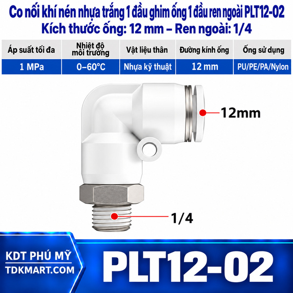 Co nối khí nén nhựa trắng 1 đầu ghim ống 12 mm 1 đầu ren ngoài 1/4
