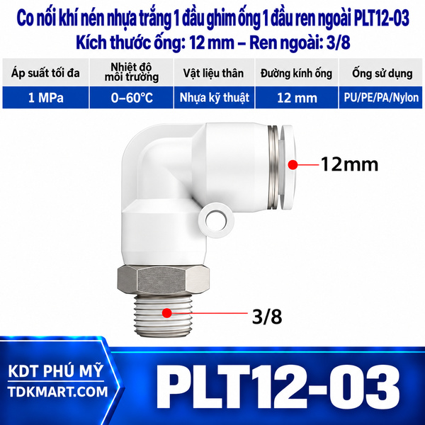 Co nối khí nén nhựa trắng 1 đầu ghim ống 12 mm 1 đầu ren ngoài 3/8