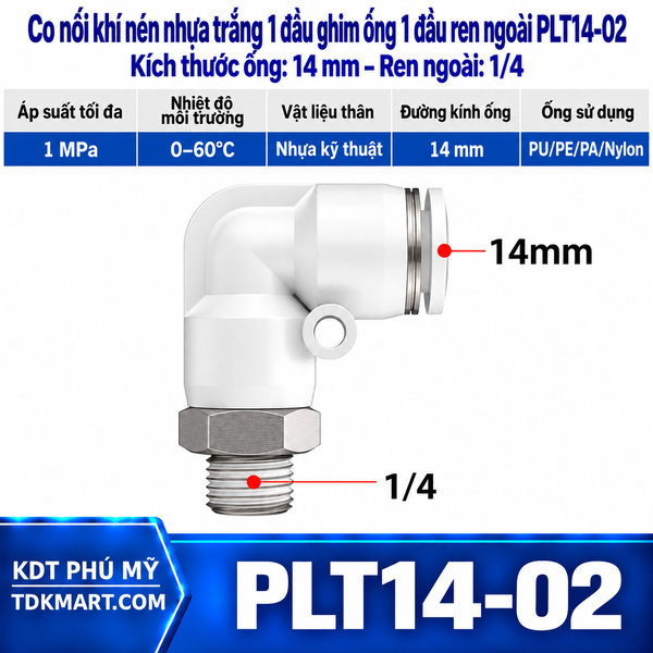 Co nối khí nén nhựa trắng 1 đầu ghim ống 14 mm 1 đầu ren ngoài 1/4