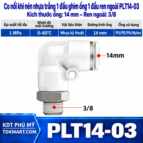 Co nối khí nén nhựa trắng 1 đầu ghim ống 14 mm 1 đầu ren ngoài 3/8