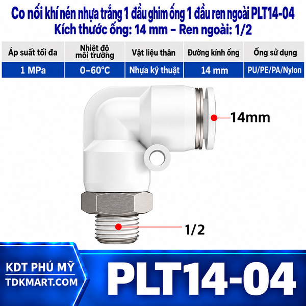 Co nối khí nén nhựa trắng 1 đầu ghim ống 14 mm 1 đầu ren ngoài 1/2