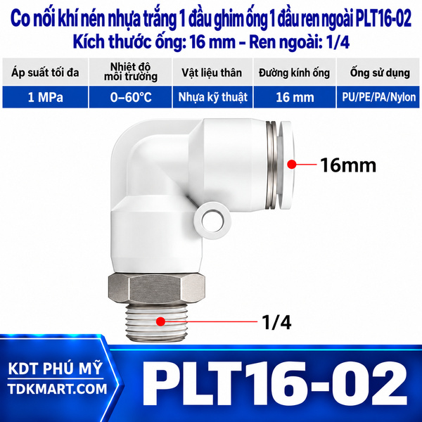 Co nối khí nén nhựa trắng 1 đầu ghim ống 16 mm 1 đầu ren ngoài 1/4