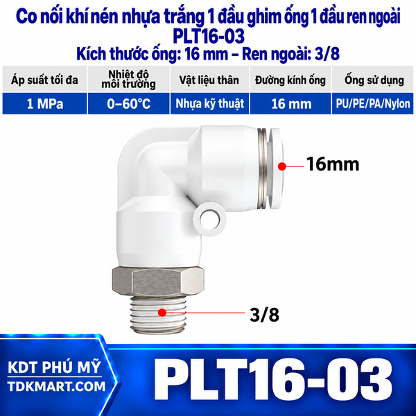 Co nối khí nén nhựa trắng 1 đầu ghim ống 16 mm 1 đầu ren ngoài 3/8
