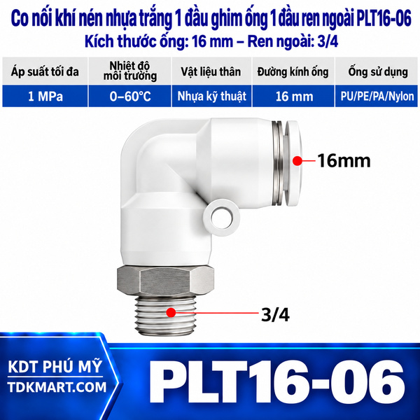 Co nối khí nén nhựa trắng 1 đầu ghim ống 16 mm 1 đầu ren ngoài 3/4