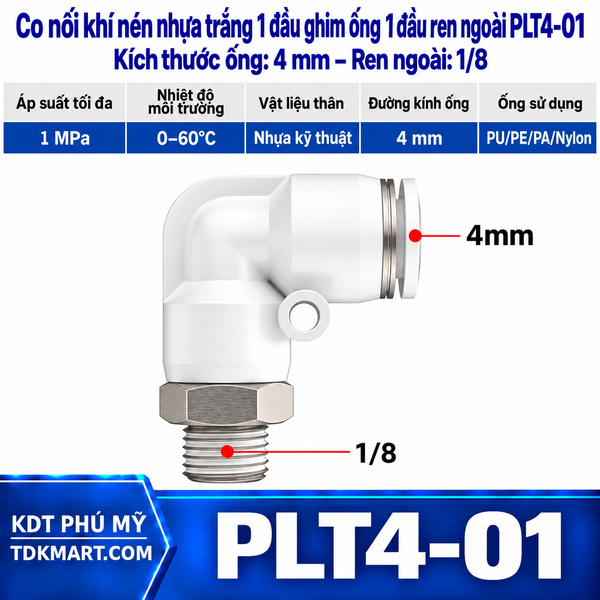 Co nối khí nén nhựa trắng 1 đầu ghim ống 4 mm 1 đầu ren ngoài 1/8
