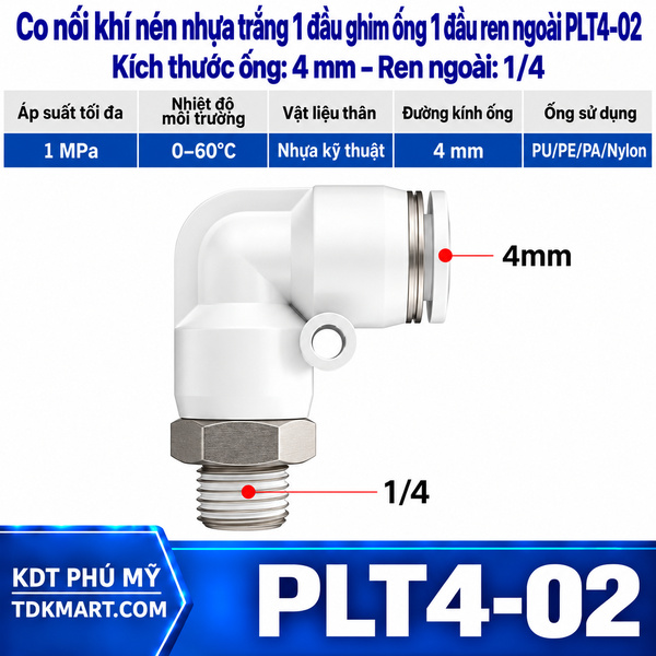 Co nối khí nén nhựa trắng 1 đầu ghim ống 4 mm 1 đầu ren ngoài 1/4