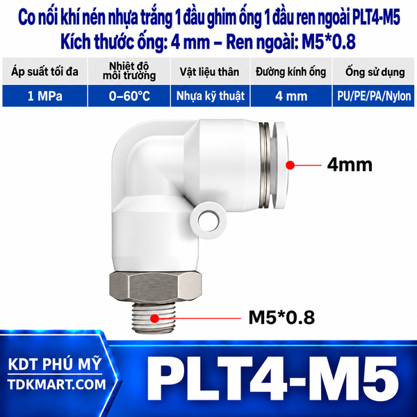 Co nối khí nén nhựa trắng 1 đầu ghim ống 4 mm 1 đầu ren ngoài M5