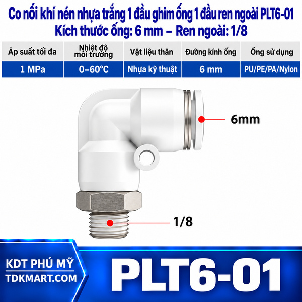 Co nối khí nén nhựa trắng 1 đầu ghim ống 6 mm 1 đầu ren ngoài 1/8
