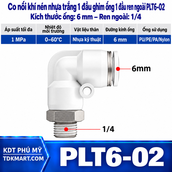 Co nối khí nén nhựa trắng 1 đầu ghim ống 6 mm 1 đầu ren ngoài 1/4