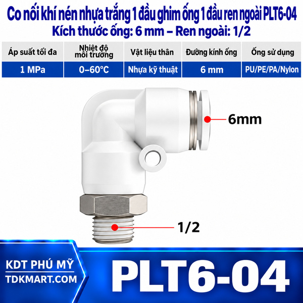 Co nối khí nén nhựa trắng 1 đầu ghim ống 6 mm 1 đầu ren ngoài 1/2