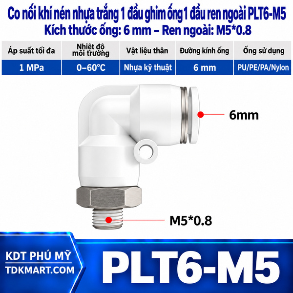 Co nối khí nén nhựa trắng 1 đầu ghim ống 6 mm 1 đầu ren ngoài M5