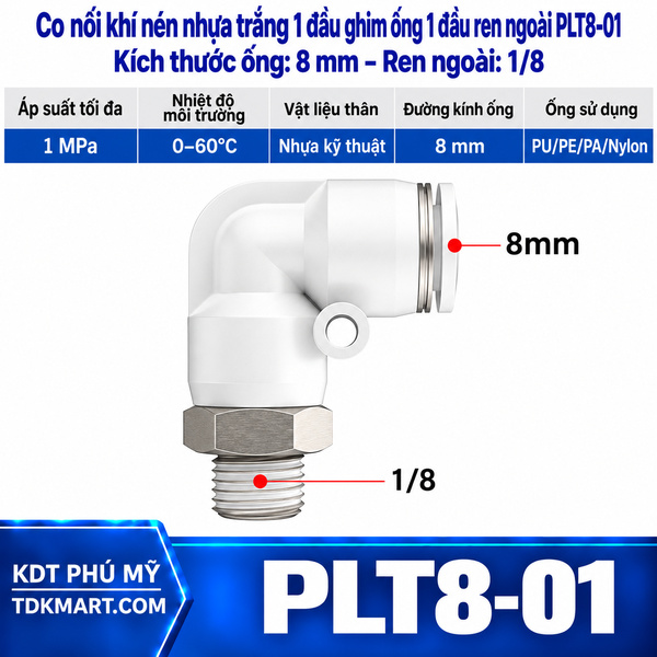 Co nối khí nén nhựa trắng 1 đầu ghim ống 8 mm 1 đầu ren ngoài 1/8