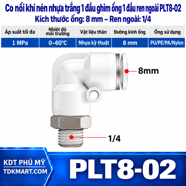 Co nối khí nén nhựa trắng 1 đầu ghim ống 8 mm 1 đầu ren ngoài 1/4