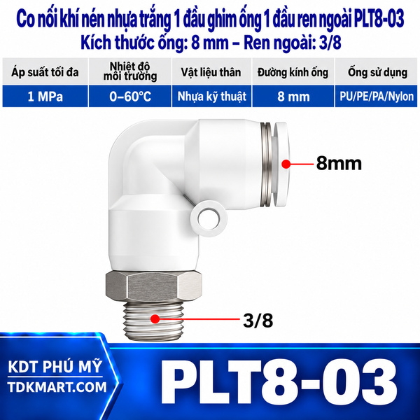 Co nối khí nén nhựa trắng 1 đầu ghim ống 8 mm 1 đầu ren ngoài 3/8