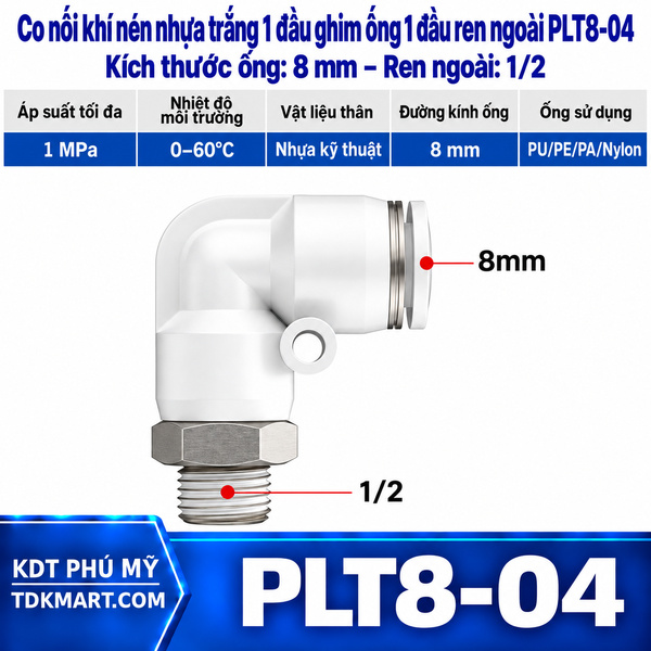 Co nối khí nén nhựa trắng 1 đầu ghim ống 8 mm 1 đầu ren ngoài 1/2