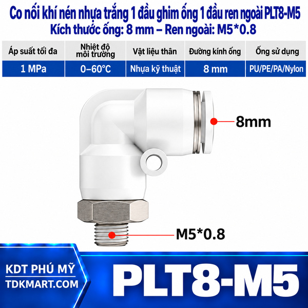 Co nối khí nén nhựa trắng 1 đầu ghim ống 8 mm 1 đầu ren ngoài M5