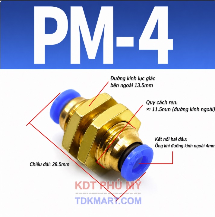 Nối ống khí nén 2 đầu PM ống 4 mm