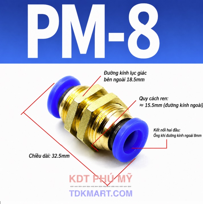 Nối ống khí nén 2 đầu PM ống 8 mm