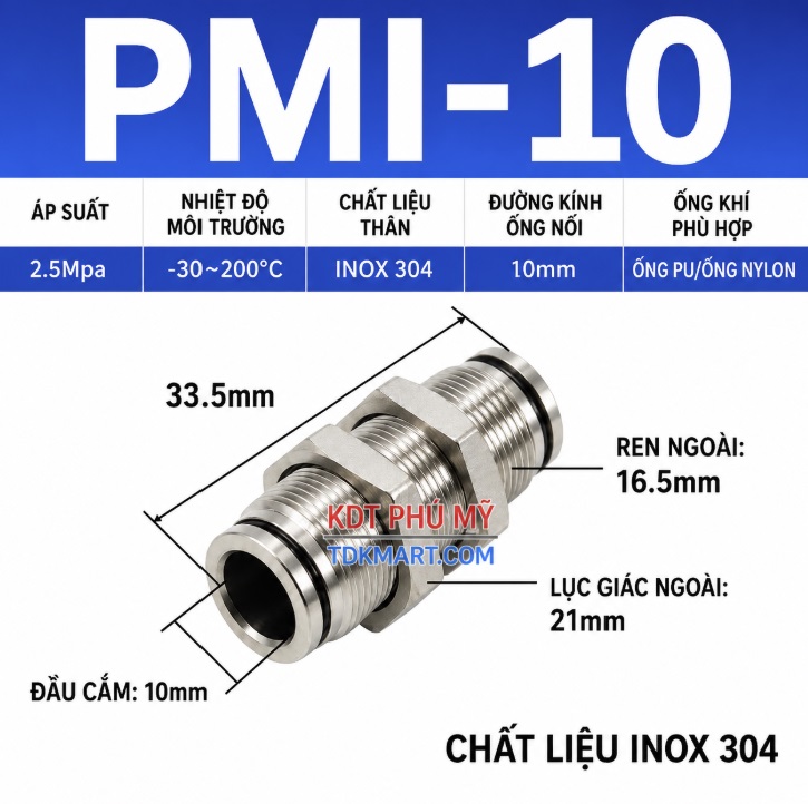 Đầu nối nhanh khí nén inox 304 thẳng có ốc siết thành xuyên vách 10