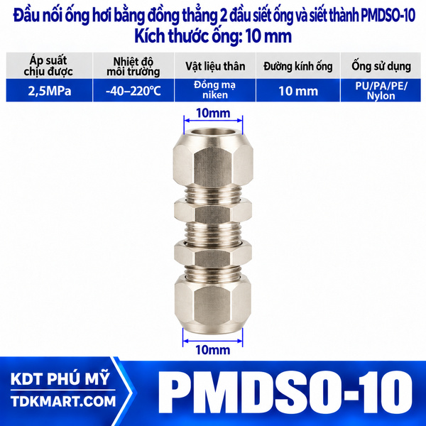 Đầu nối ống hơi thẳng bằng đồng 2 đầu siết ống và siết thành 10 mm
