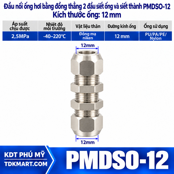 Đầu nối ống hơi thẳng bằng đồng 2 đầu siết ống và siết thành 12 mm