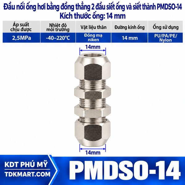 Đầu nối ống hơi thẳng bằng đồng 2 đầu siết ống và siết thành 14 mm