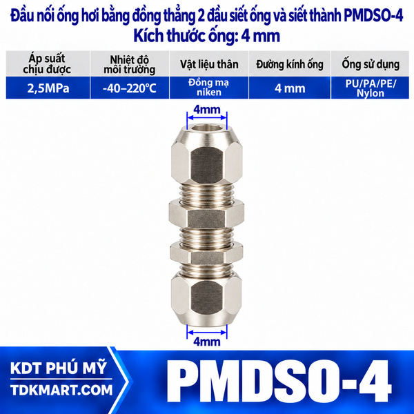 Đầu nối ống hơi thẳng bằng đồng 2 đầu siết ống và siết thành 4 mm