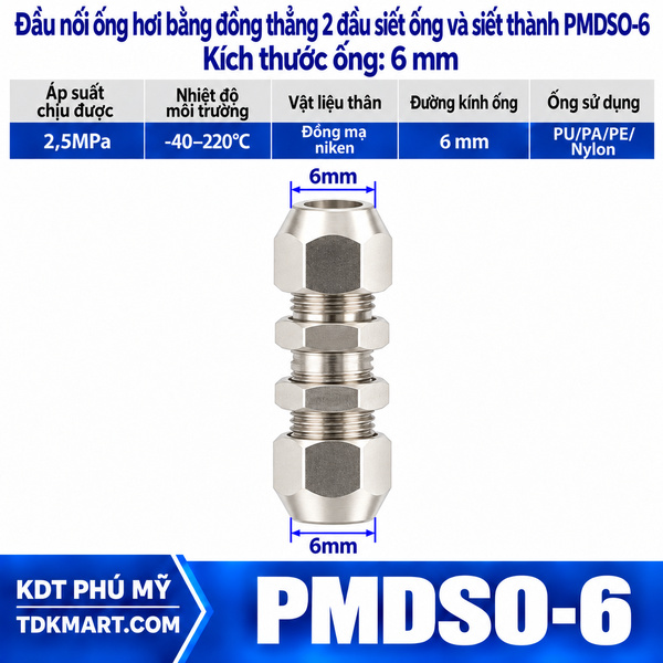Đầu nối ống hơi thẳng bằng đồng 2 đầu siết ống và siết thành 6 mm