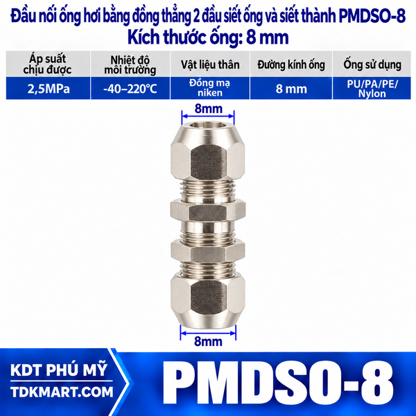 Đầu nối ống hơi thẳng bằng đồng 2 đầu siết ống và siết thành 8 mm