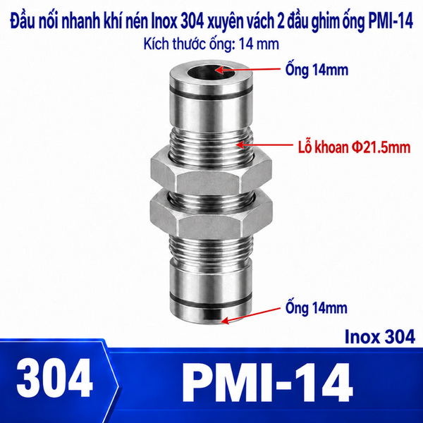 Đầu nối nhanh khí nén Inox 304 thẳng 2 đầu ghim ống 14 mm và có ốc siết thành xuyên vách