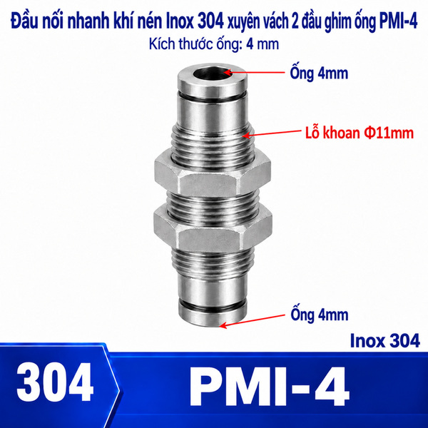 Đầu nối nhanh khí nén Inox 304 thẳng 2 đầu ghim ống 4 mm và có ốc siết thành xuyên vách