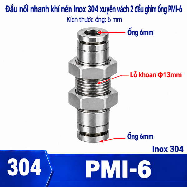 Đầu nối nhanh khí nén Inox 304 thẳng 2 đầu ghim ống 6 mm và có ốc siết thành xuyên vách