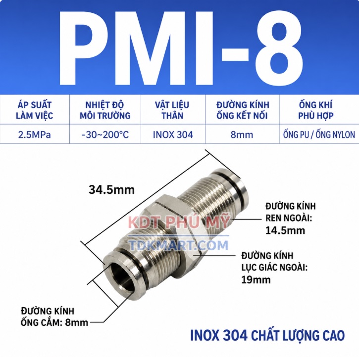 Đầu nối nhanh khí nén inox 304 thẳng có ốc siết thành xuyên vách 8