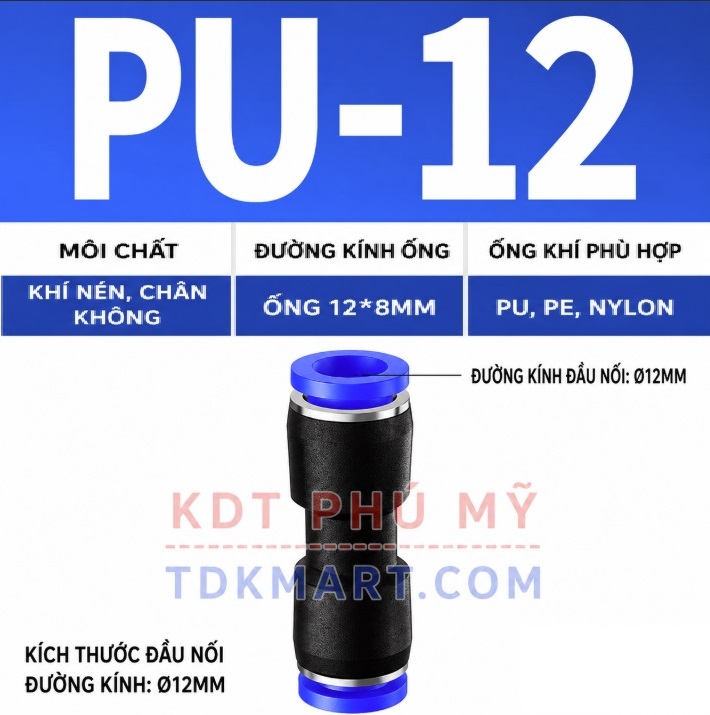 Đầu nối khí nén thẳng phi 12 mm