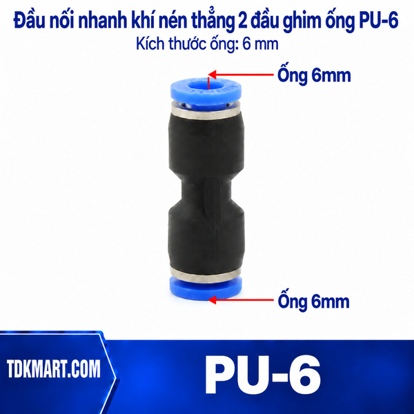 Đầu nối nhanh khí nén thẳng 2 đầu ghim ống phi 6 mm